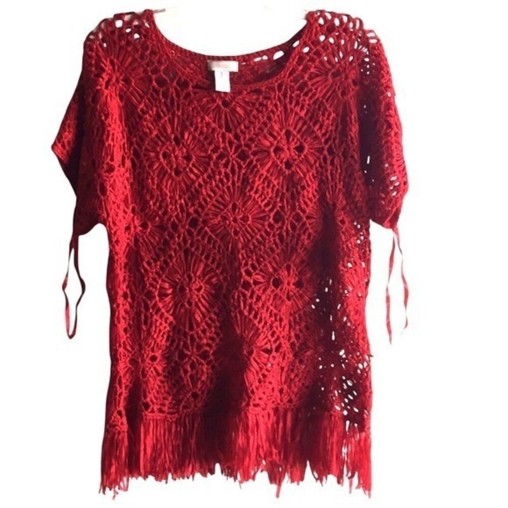 Chicos Crochet Top Womens 1 Red Open Knit Fringe Boho Medallion Short Sleeve New